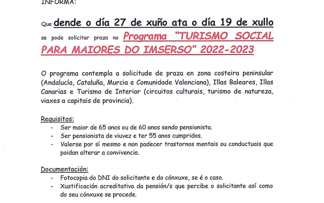 PROGRAMA DE TURISMO SOCIAL DO IMSERSO 2022