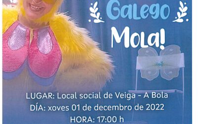 Chega o espectáculo infantil e familiar «Xogar e aprender en galego mola!» ao local social de Veiga